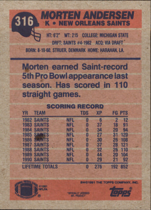 1991 Topps #316 Morten Andersen back image