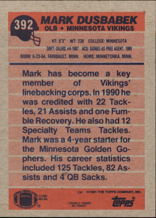 1991 Pacific Mark Dusbabek Rookie . Minnesota Vikings #288