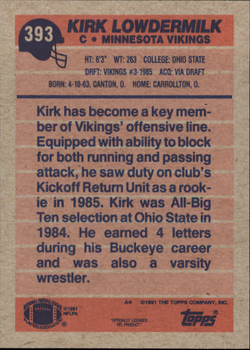 1991 Topps #393 Kirk Lowdermilk back image