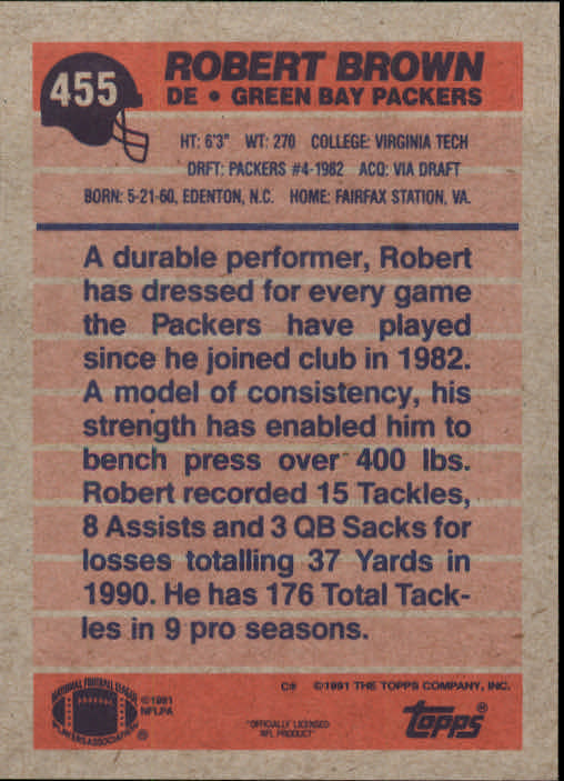 1991 Topps #455 Robert Brown back image