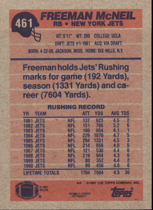 1991 Topps #461 Freeman McNeil back image