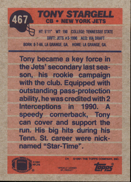 1991 Topps #467 Tony Stargell back image