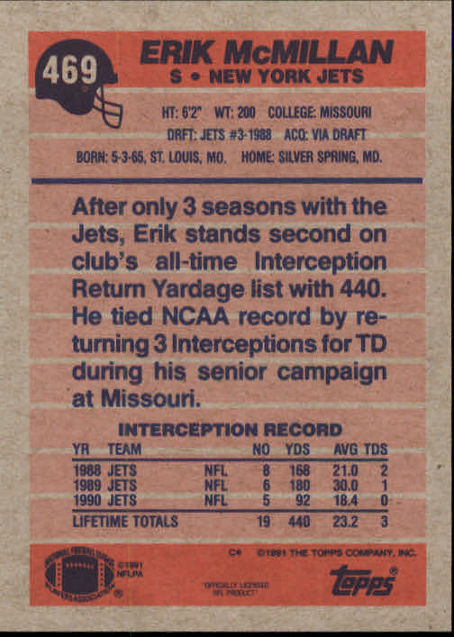 1991 Topps #469 Erik McMillan back image