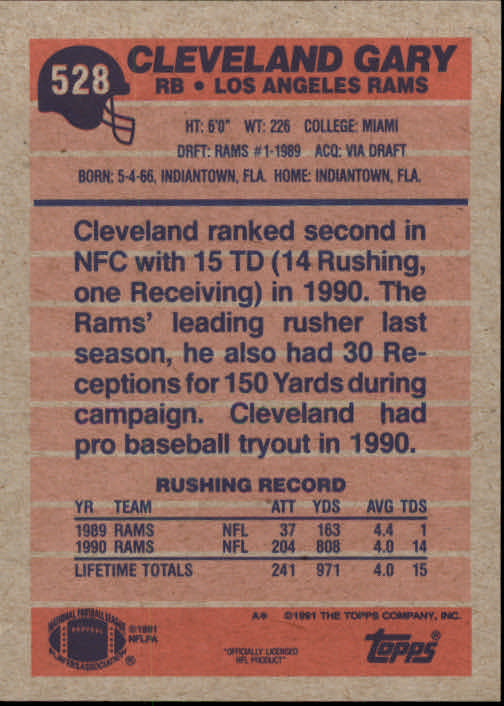 1991 Topps #528 Cleveland Gary back image