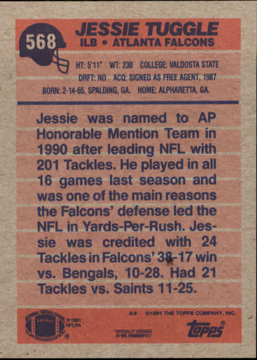 1991 Topps #568 Jessie Tuggle back image