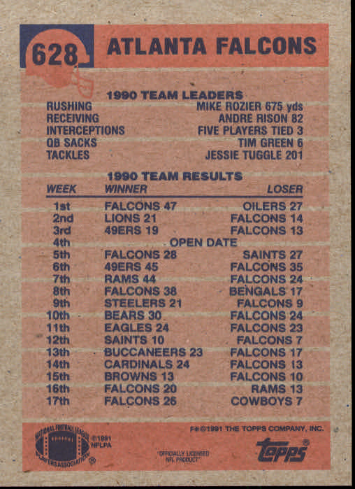 1991 Topps #628 Atlanta Falcons/Team: (Keith) Jones/Jumps for Yardage back image