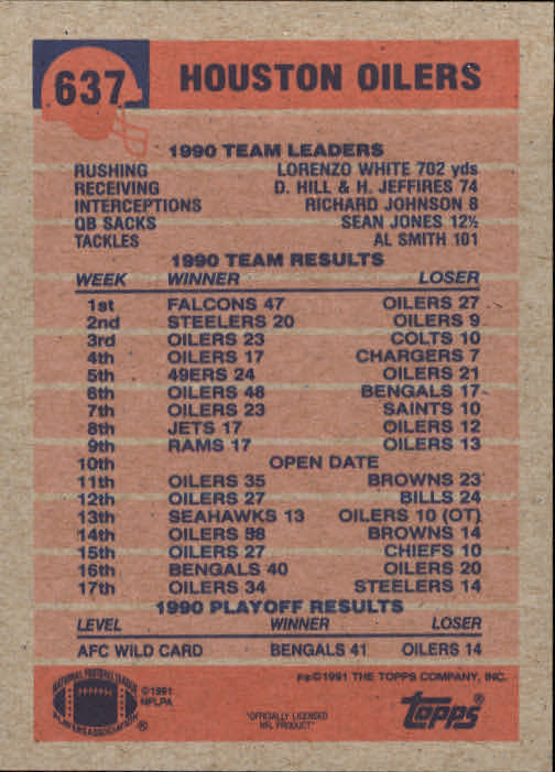 1991 Topps #637 Houston Oilers/Team: (Warren) Moon/Monitors the Action back image