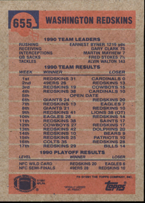1991 Topps #655 Washington Redskins/Team: (Earnest) Byner/Cuts Back to/Follow Block back image