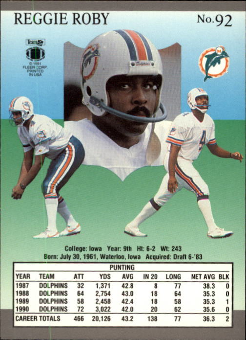 1991 Ultra #92 Reggie Roby back image