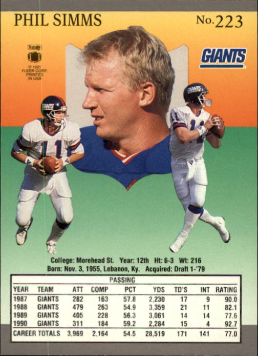 1991 Ultra #223 Phil Simms back image