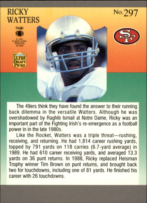 1991 Ultra #297 Ricky Watters RC back image