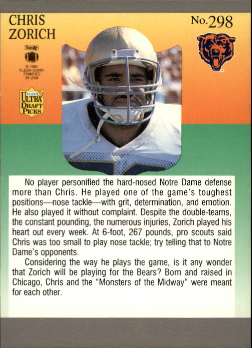 1991 Ultra #298 Chris Zorich RC back image