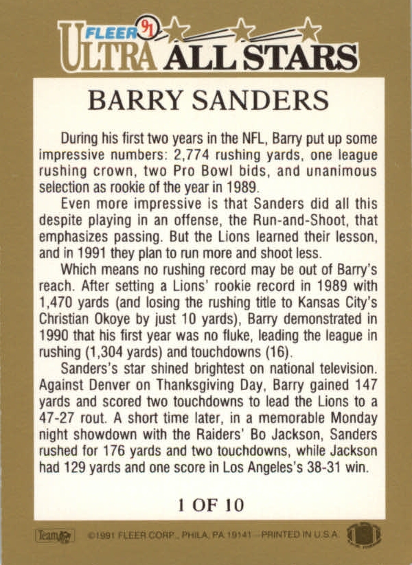 1991 Ultra All-Stars #1 Barry Sanders back image