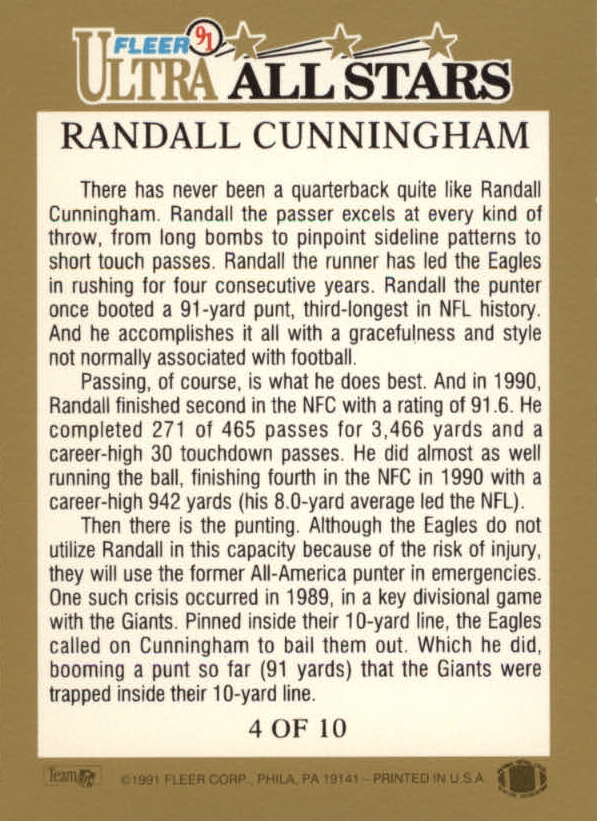 1991 Ultra All-Stars #4 Randall Cunningham back image