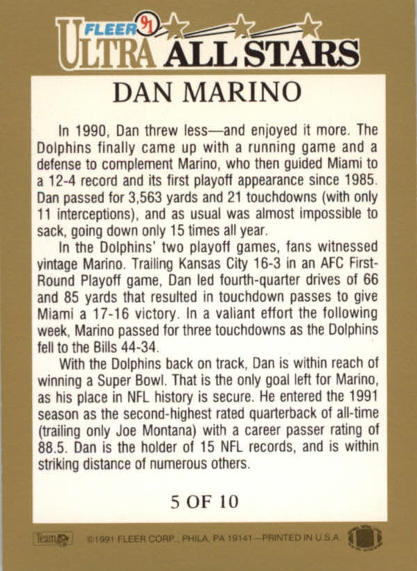 1991 Ultra All-Stars #5 Dan Marino back image