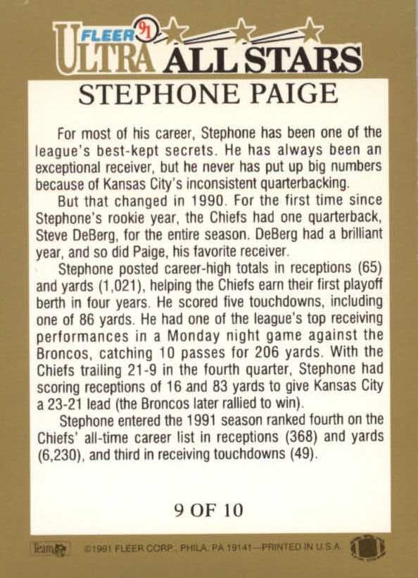 1991 Ultra All-Stars #9 Stephone Paige back image