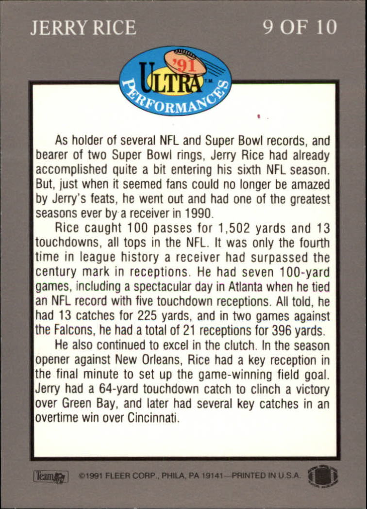 1991 Ultra Performances #9 Jerry Rice back image