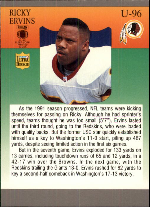 1991 Ultra Update #U96 Ricky Ervins RC back image