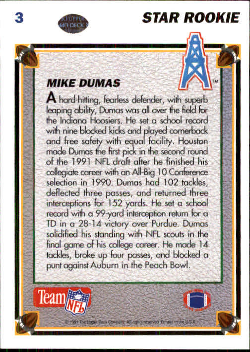 1991 Upper Deck #3 Mike Dumas RC back image