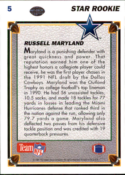 1991 Upper Deck #5 Russell Maryland RC back image