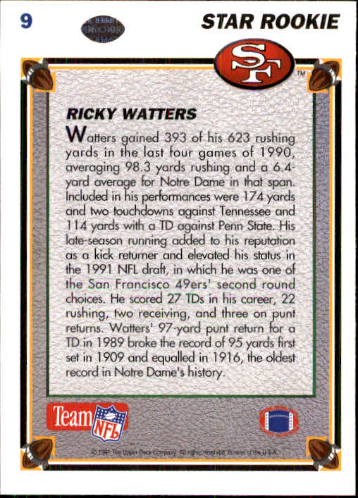 1991 Upper Deck #9 Ricky Watters RC back image
