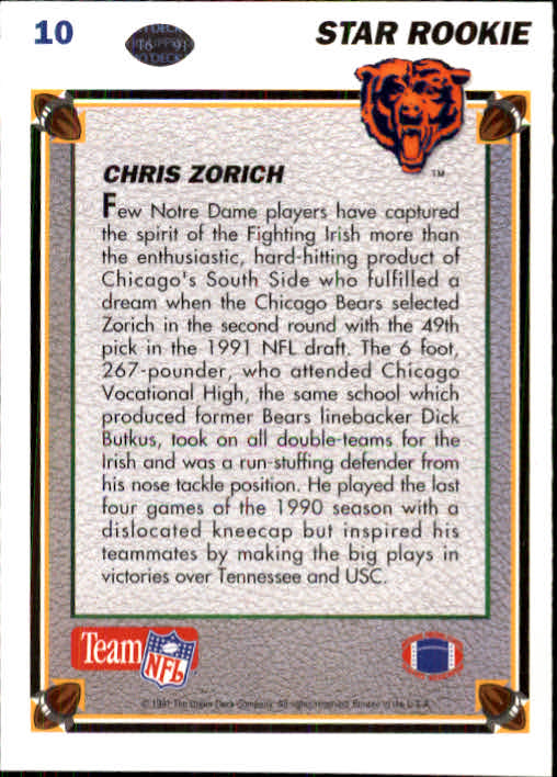 1991 Upper Deck #10 Chris Zorich RC back image