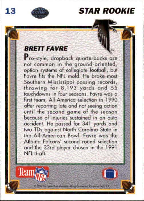 1991 Upper Deck #13 Brett Favre RC back image