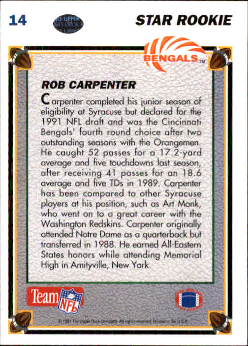 1991 Upper Deck #14 Rob Carpenter RC back image
