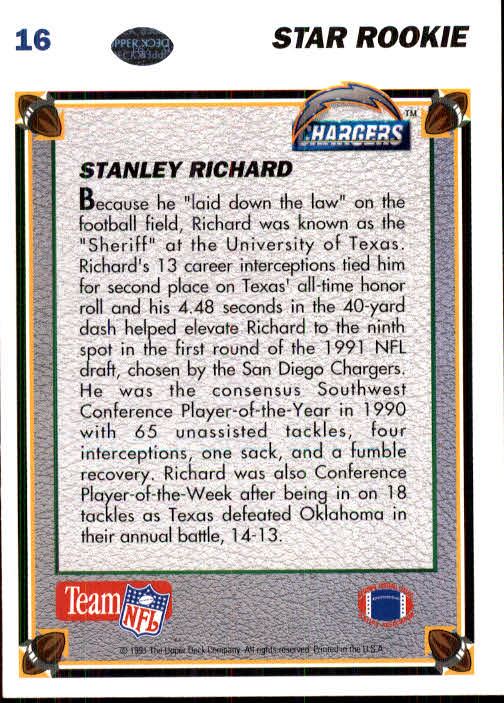 1991 Upper Deck #16 Stanley Richard RC back image