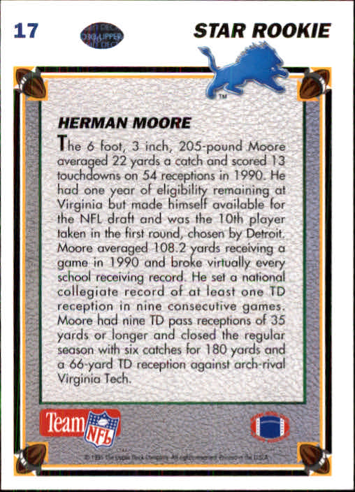 1991 Upper Deck #17 Herman Moore RC back image