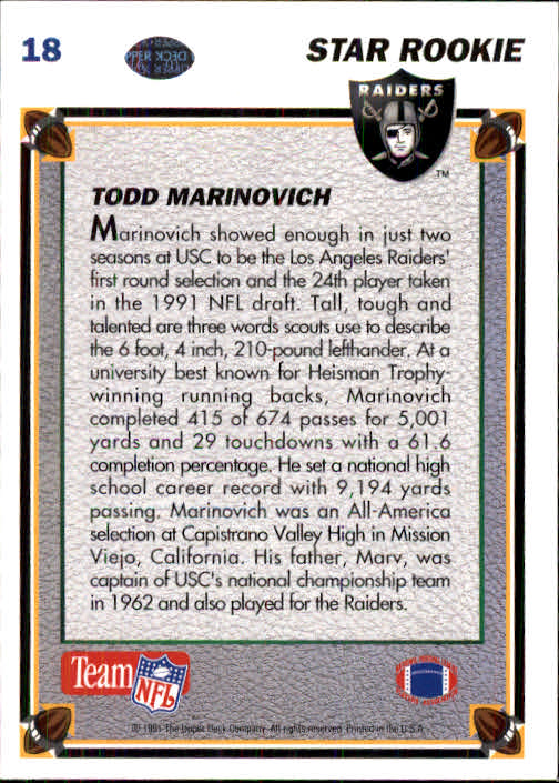 1991 Upper Deck #18 Todd Marinovich RC back image