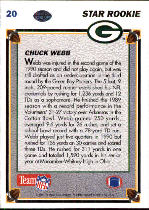 1991 Upper Deck #20 Chuck Webb RC back image