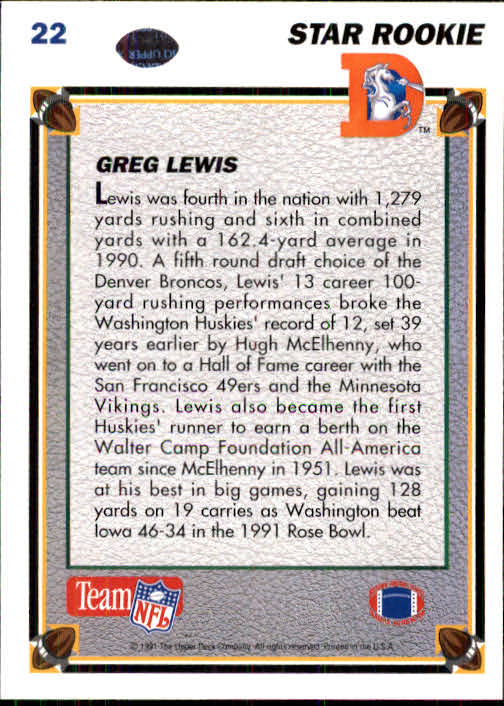 1991 Upper Deck #22 Greg Lewis RC back image