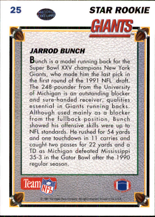1991 Upper Deck #25 Jarrod Bunch RC back image