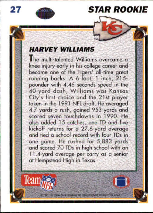 1991 Upper Deck #27 Harvey Williams RC back image