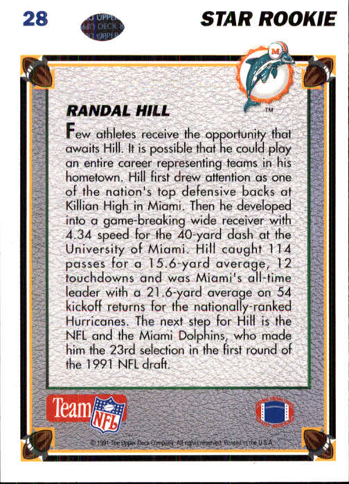 1991 Upper Deck #28 Randal Hill RC back image