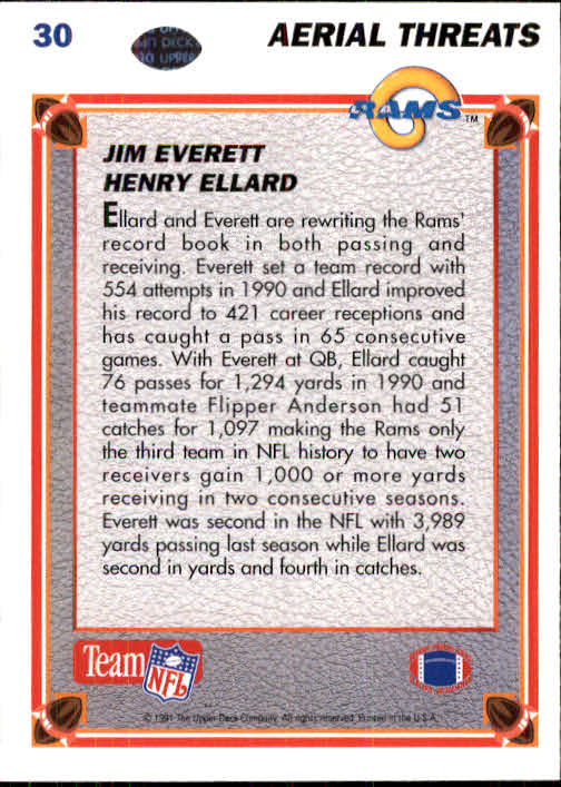 1991 Upper Deck #30 Jim Everett AT/Henry Ellard back image