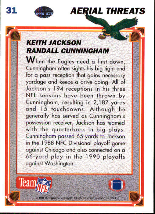 1991 Upper Deck #31 Randall Cunningham AT/Keith Jackson back image