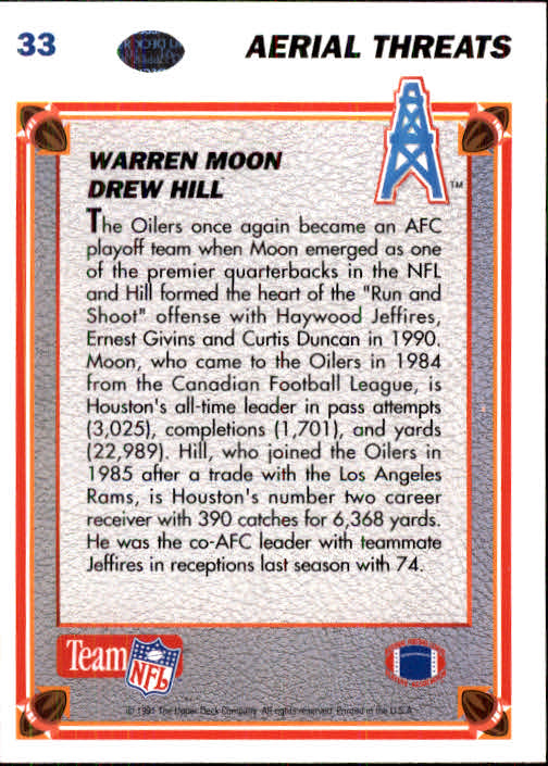 1991 Upper Deck #33 Warren Moon AT/Drew Hill back image