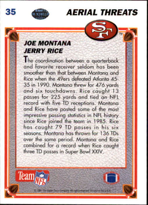 1991 Upper Deck #35 Joe Montana AT/Jerry Rice back image