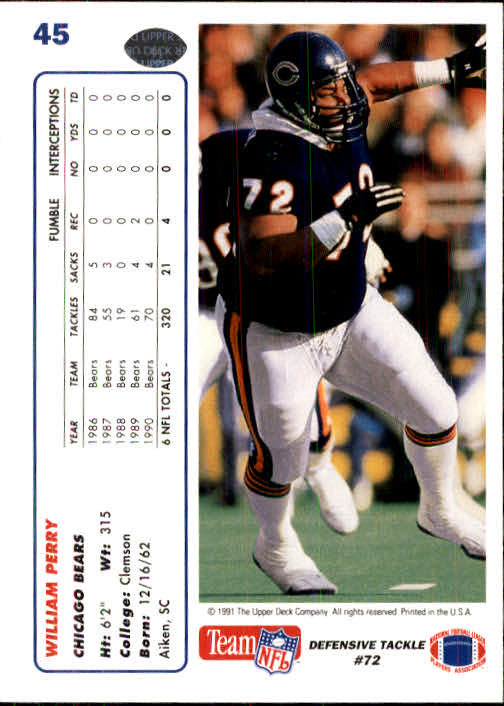 1991 Upper Deck #45 William Perry back image