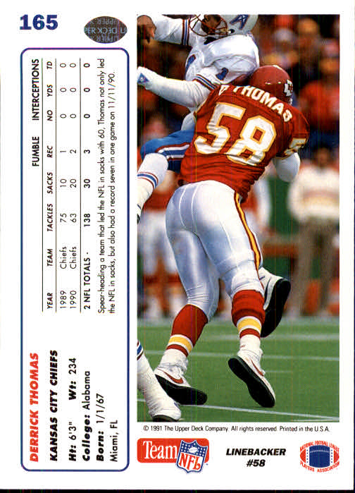 1991 Upper Deck #165 Derrick Thomas back image