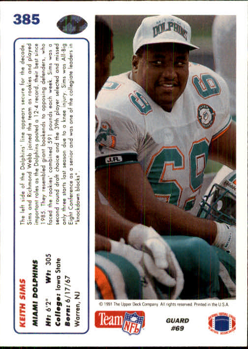 1991 Upper Deck #385 Keith Sims back image