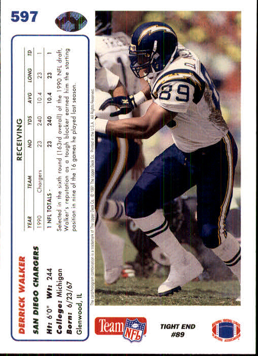 1991 Upper Deck #597 Derrick Walker RC back image
