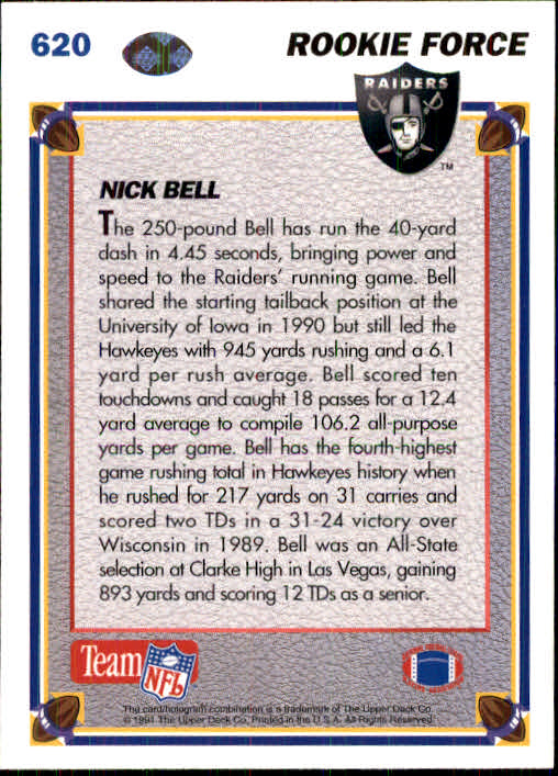 1991 Upper Deck #620 Nick Bell back image