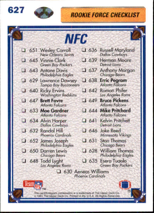1991 Upper Deck #627 NFC Checklist RF/Brett Favre/Moe Gardner/Erric Pegram/Bruce Pickens/Mike Pritchard back image