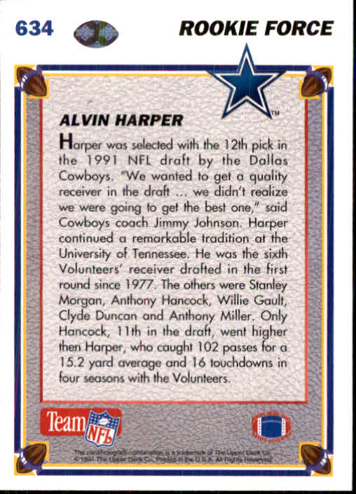 1991 Upper Deck #634 Alvin Harper back image