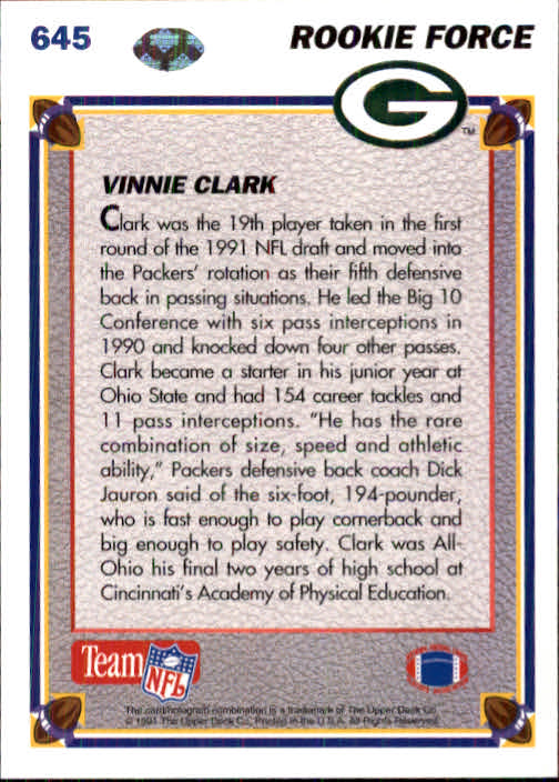 1991 Upper Deck #645 Vinnie Clark RC back image