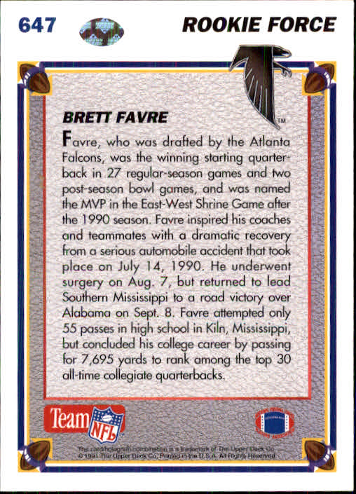 1991 Upper Deck #647 Brett Favre back image