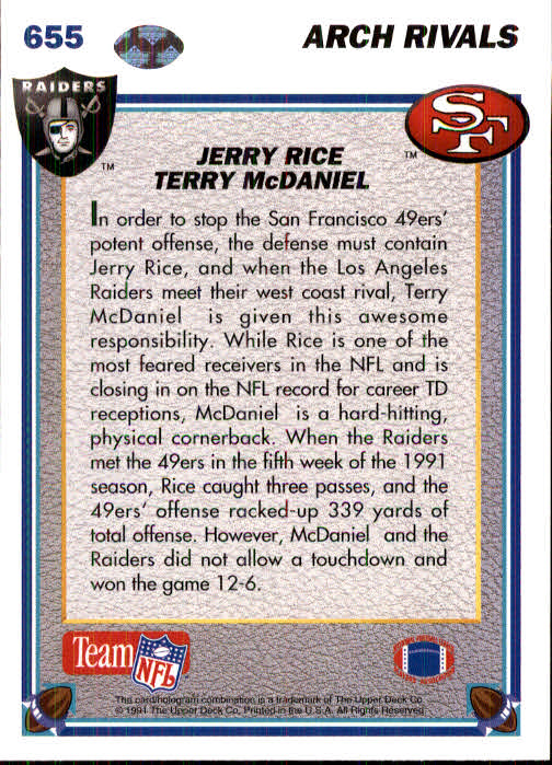 1991 Upper Deck #655 Jerry Rice AR/Terry McDaniel back image